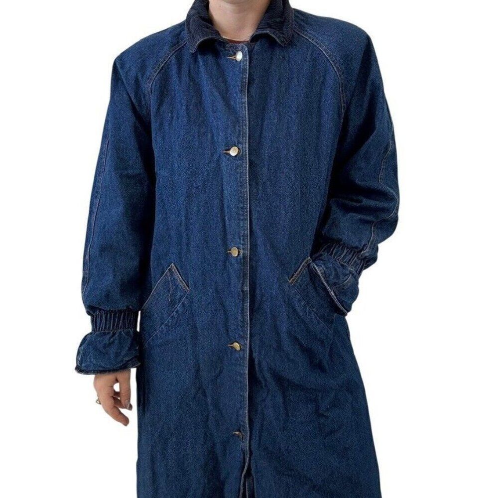 Vintage 1990s Womens Jill Evans Blue Cotton Denim Jean Trench Coat Duster Jacket